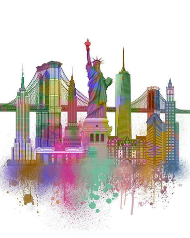 New York Skyline Rainbow Bright  Black Ornate Wood Framed Art Print with Double Matting by Fab Funky