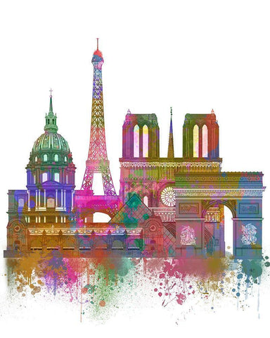 Paris Skyline Rainbow Bright  Black Ornate Wood Framed Art Print with Double Matting by Fab Funky