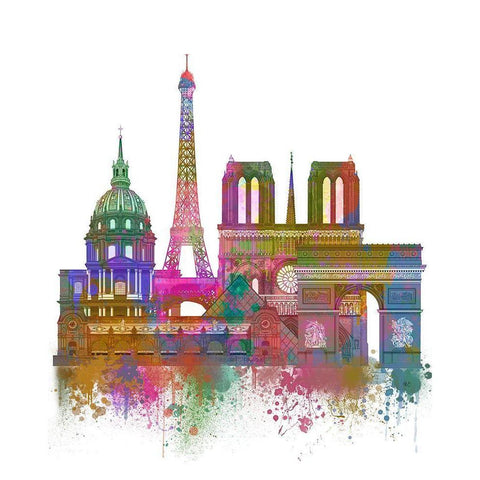 Paris Skyline Rainbow Bright  White Modern Wood Framed Art Print by Fab Funky