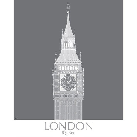 London Big Ben MonoChrome White Modern Wood Framed Art Print by Fab Funky