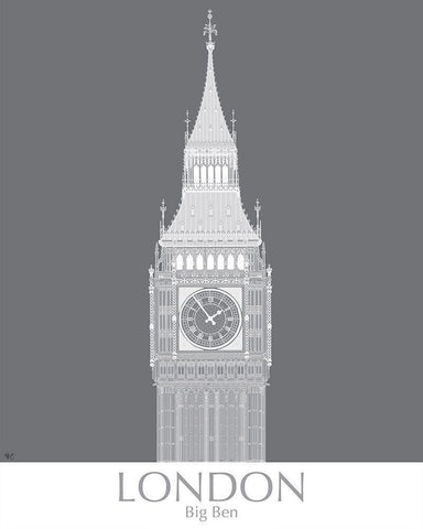 London Big Ben MonoChrome White Modern Wood Framed Art Print with Double Matting by Fab Funky