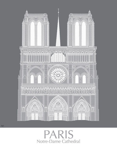 Paris Notre Dame Monochrome Black Ornate Wood Framed Art Print with Double Matting by Fab Funky