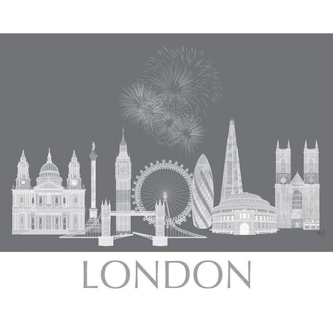 London Skyline Monochrome Black Modern Wood Framed Art Print with Double Matting by Fab Funky