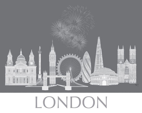 London Skyline Monochrome White Modern Wood Framed Art Print with Double Matting by Fab Funky