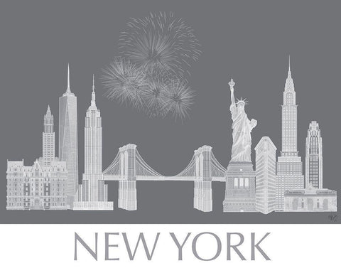 New York Skyline Monochrome Black Ornate Wood Framed Art Print with Double Matting by Fab Funky