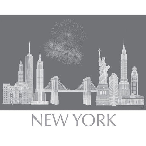 New York Skyline Monochrome White Modern Wood Framed Art Print by Fab Funky