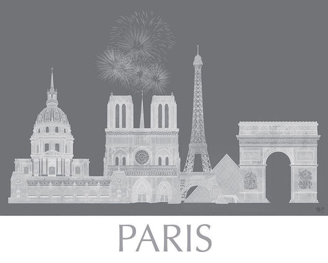 Paris Skyline Monochrome White Modern Wood Framed Art Print with Double Matting by Fab Funky