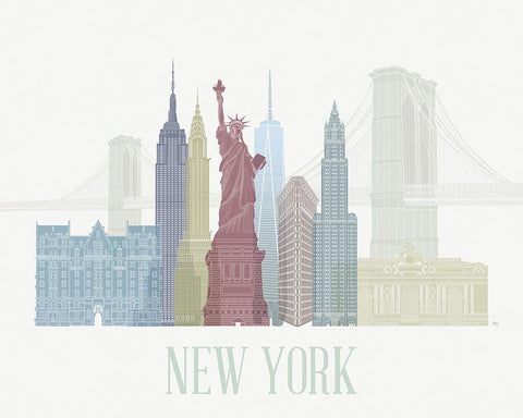 New York Skyline  White Modern Wood Framed Art Print with Double Matting by Fab Funky