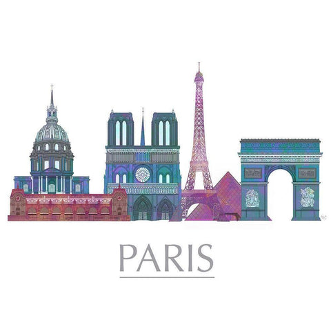 Paris Skyline Coloured Buildings White Modern Wood Framed Art Print by Fab Funky