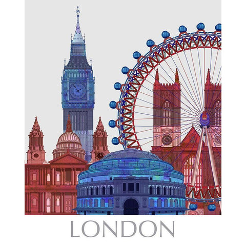 London Landmarks , Red Blue White Modern Wood Framed Art Print by Fab Funky