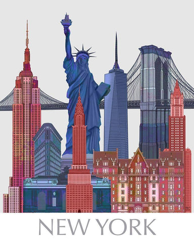 New York Landmarks , Red Blue White Modern Wood Framed Art Print with Double Matting by Fab Funky