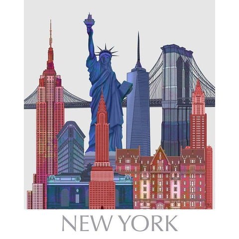 New York Landmarks , Red Blue White Modern Wood Framed Art Print by Fab Funky