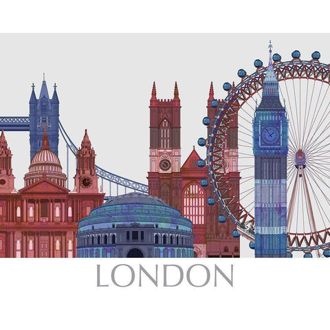 London Landmarks , Red Blue White Modern Wood Framed Art Print by Fab Funky