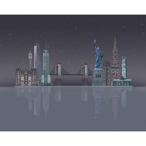 New York Skyline Night Reflections Gold Ornate Wood Framed Art Print with Double Matting by Fab Funky