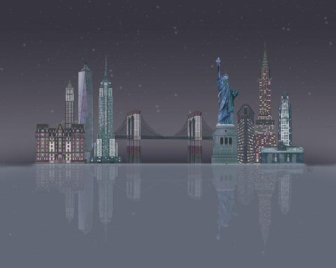 New York Skyline Night Reflections Black Ornate Wood Framed Art Print with Double Matting by Fab Funky