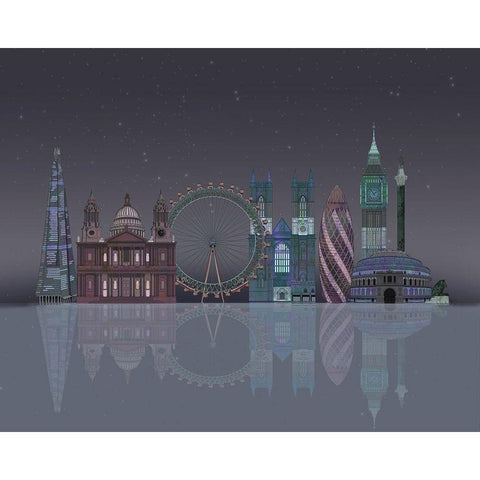 London Skyline Night Reflections White Modern Wood Framed Art Print by Fab Funky