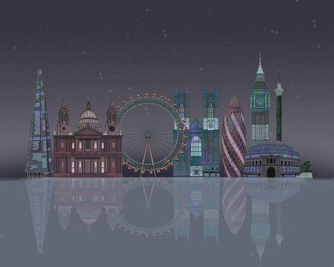 London Skyline Night Reflections White Modern Wood Framed Art Print with Double Matting by Fab Funky