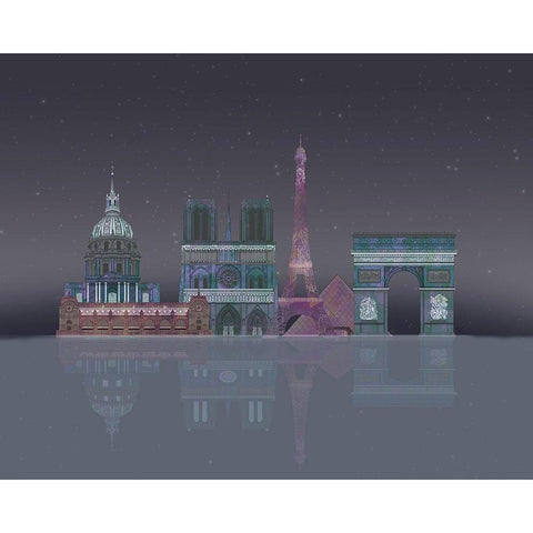 Paris Skyline Night Reflections Black Modern Wood Framed Art Print with Double Matting by Fab Funky