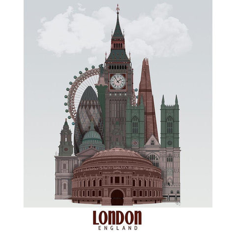 London in Clouds Red and Green White Modern Wood Framed Art Print by Fab Funky