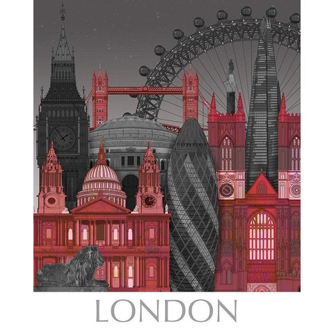 London Elevations by Night Red Gold Ornate Wood Framed Art Print with Double Matting by Fab Funky