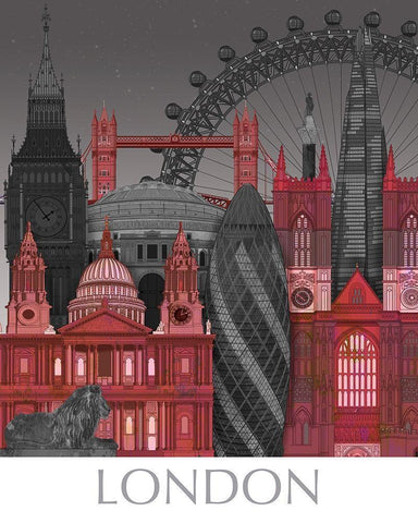 London Elevations by Night Red Black Ornate Wood Framed Art Print with Double Matting by Fab Funky