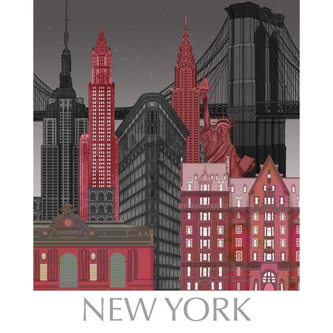 New York Elevations by Night Red Gold Ornate Wood Framed Art Print with Double Matting by Fab Funky