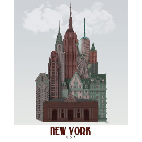 New York in Clouds Dark Red and Green White Modern Wood Framed Art Print by Fab Funky