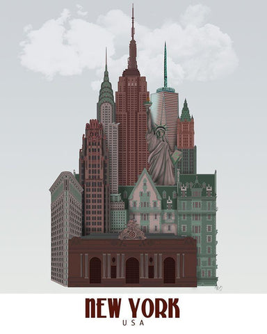 New York in Clouds Dark Red and Green White Modern Wood Framed Art Print with Double Matting by Fab Funky