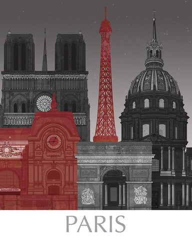 Paris Elevations by Night Red Black Ornate Wood Framed Art Print with Double Matting by Fab Funky