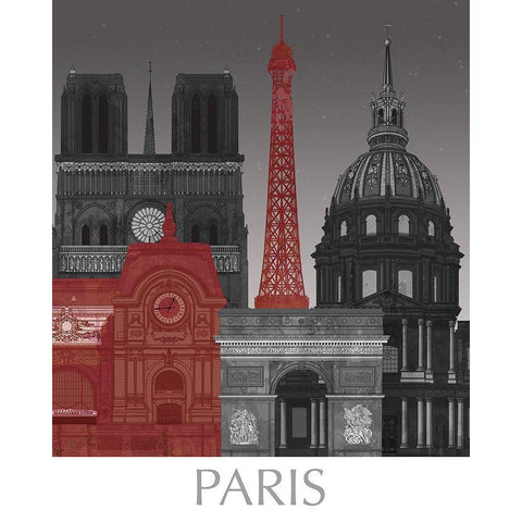 Paris Elevations by Night Red Gold Ornate Wood Framed Art Print with Double Matting by Fab Funky