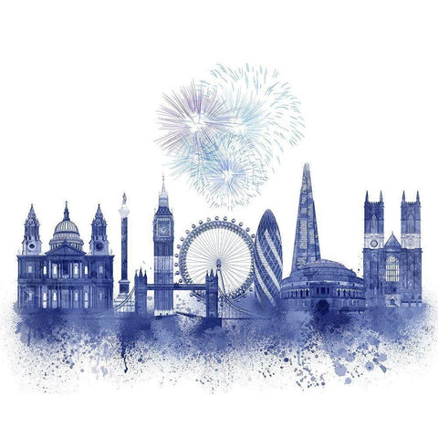 London Skyline Watercolour Splash Blue White Modern Wood Framed Art Print by Fab Funky