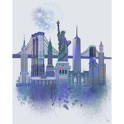 New York Skyline Watercolour Splash Blue Black Modern Wood Framed Art Print with Double Matting by Fab Funky