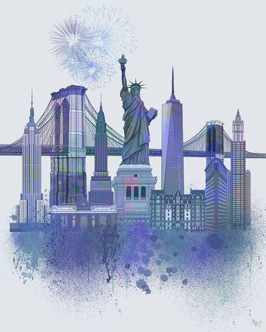 New York Skyline Watercolour Splash Blue White Modern Wood Framed Art Print with Double Matting by Fab Funky