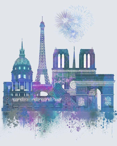 Paris Skyline Watercolour Splash Blue White Modern Wood Framed Art Print with Double Matting by Fab Funky