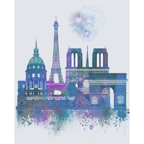 Paris Skyline Watercolour Splash Blue Gold Ornate Wood Framed Art Print with Double Matting by Fab Funky