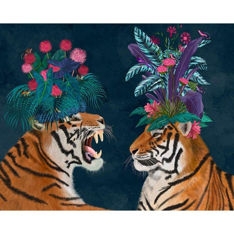 Hot House Tigers, Pair, Dark Gold Ornate Wood Framed Art Print with Double Matting by Fab Funky