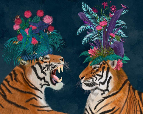 Hot House Tigers, Pair, Dark Black Ornate Wood Framed Art Print with Double Matting by Fab Funky