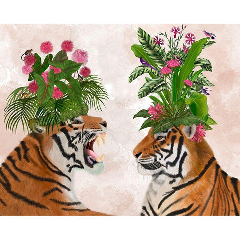 Hot House Tigers, Pair, Pink Green Gold Ornate Wood Framed Art Print with Double Matting by Fab Funky