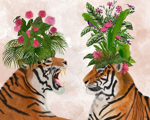 Hot House Tigers, Pair, Pink Green Black Ornate Wood Framed Art Print with Double Matting by Fab Funky