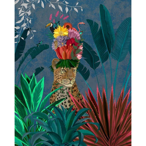 Leopard with Headdress Black Modern Wood Framed Art Print with Double Matting by Fab Funky