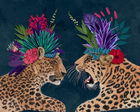 Hot House Leopards, Pair, Dark Black Ornate Wood Framed Art Print with Double Matting by Fab Funky