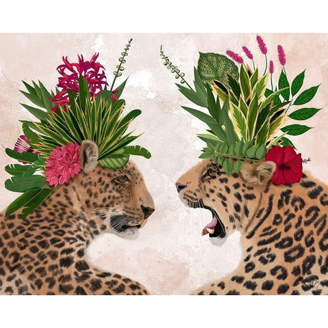 Hot House Leopards, Pair, Pink Green Gold Ornate Wood Framed Art Print with Double Matting by Fab Funky