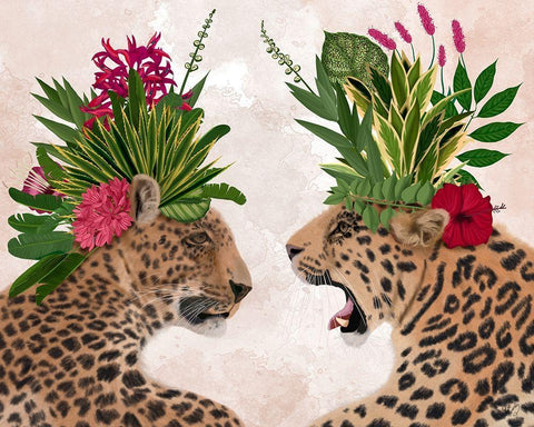 Hot House Leopards, Pair, Pink Green White Modern Wood Framed Art Print with Double Matting by Fab Funky