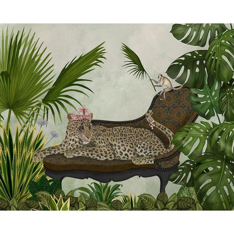 Leopard Chaise Longue Gold Ornate Wood Framed Art Print with Double Matting by Fab Funky