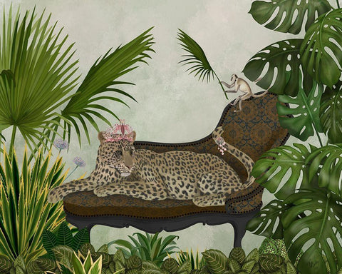 Leopard Chaise Longue Black Ornate Wood Framed Art Print with Double Matting by Fab Funky