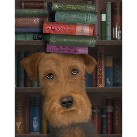 Airedale and Books White Modern Wood Framed Art Print by Fab Funky