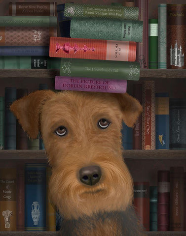 Airedale and Books Black Ornate Wood Framed Art Print with Double Matting by Fab Funky