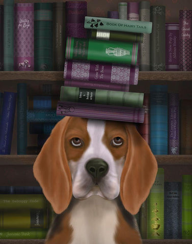 Beagle and Books Black Ornate Wood Framed Art Print with Double Matting by Fab Funky