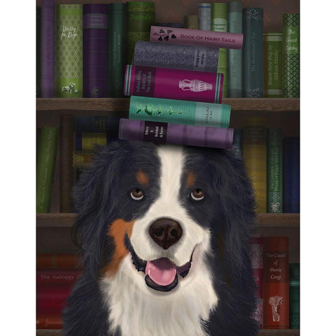 Bernese and Books White Modern Wood Framed Art Print by Fab Funky