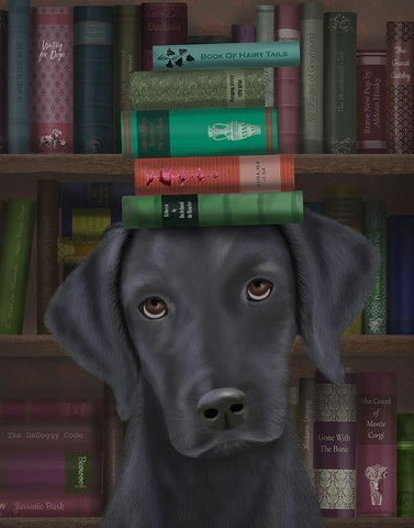 Black Labrador and Books Black Ornate Wood Framed Art Print with Double Matting by Fab Funky